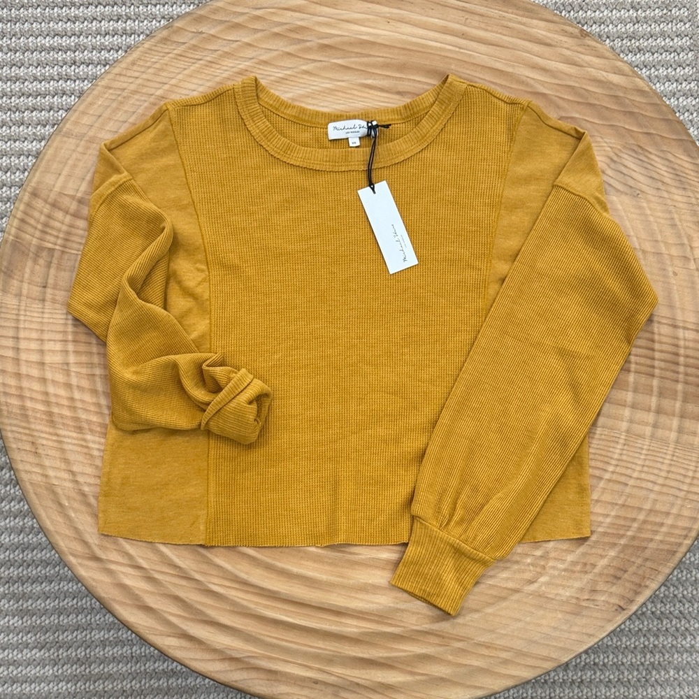Michael Stars Mustard Ribbed Long-Sleeve Crop Top